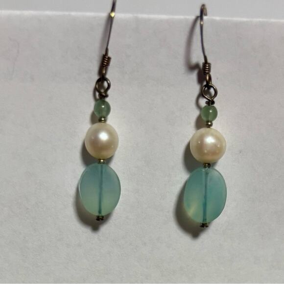 Freshwater Pearl & Aqua Glass Bead Drop Earrings Handmade Silver-Tone Dangle - Picture 2 of 8
